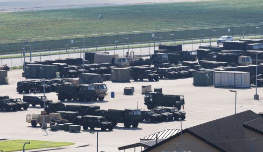 Vehicles are seen lined up at Camp Humphreys, a U.S. military base in Pyeongtaek, South Korea./U.S. Forces Korea