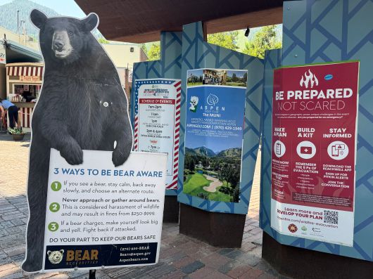 15일 미국 콜로라도주 애스펀 시내에 곰과 직면했을 때 대응 요령이 담긴 입간판이 서 있다. /애스펀(콜로라도주)=김은중 특파원