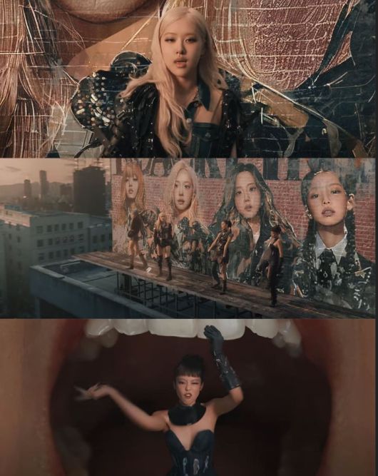 블랙핑크의 새 싱글 뮤직 비디오 '뛰어(Jump)'의 오프닝 룩. 블랙 가죽으로 강렬한 모던 여전사 룩을 보여주었다. @BLACKPINK