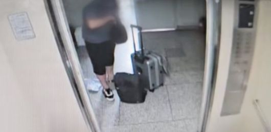 여행용 캐리어와 큰 가방 들고 집 나서는 모습 20일 밤 인천 연수구 송도국제도시의 한 아파트에서 60대 남성이 직접 만든 사제 총기로 30대 아들을 살해했다. 사진은 이 남성이 범행 전 서울 도봉구 집을 나서는 모습. 여행용 캐리어와 큰 가방을 들었다./YTN