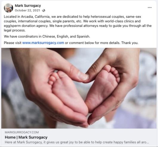 세계적인 의료 시설, 난자ㆍ정자 제공 기관과 협력해서 아기가 없는 이성ㆍ동성ㆍ국제 커플, 편부모를 돕는다는 내용의 ‘마크 대리출산’의 페이스북 홍보 게재물