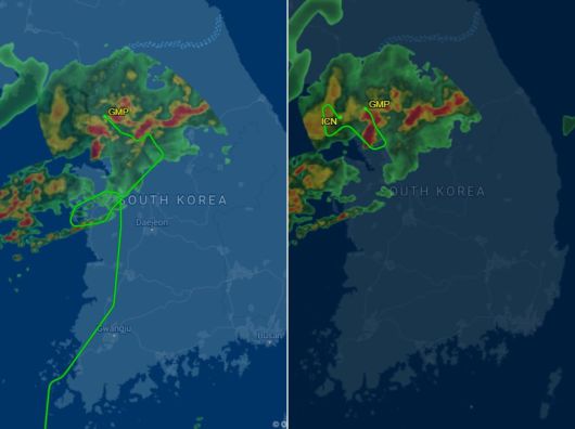 지난 13일 에어아시아 D7 506편의 말레이시아 쿠알라룸푸르에서 김포 비행 경로와(왼쪽),  김포에서 인천까지 비행 경로. /플라이트어웨어
