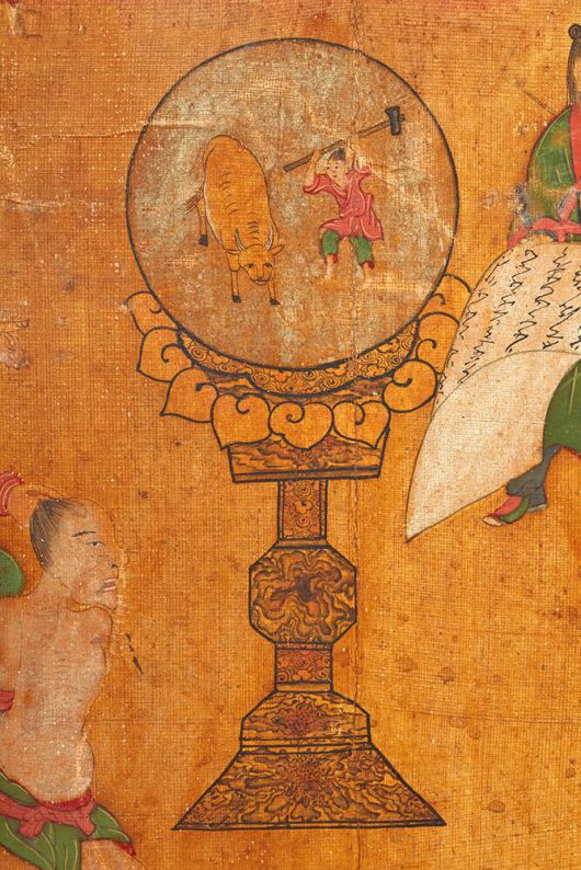 염라대왕 앞에 끌려간 망자가 전생의 모습을 비춰보는 '업경대'. 고성 옥천사 '시왕도' 부분. /불광미디어