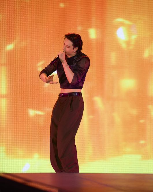 로마 공연에서는 FF 로고가 있는 블랙 탑 위에 블랙과 실버 컬러의 메탈릭 니트 시어 탑을 레이어링하고, FF 메탈 로고 벨트와 곧 출시될 FF 큐브 네크리스로 포인트를 주어 강렬하고 에너제틱한 분위기를 연출했다. 펜디.