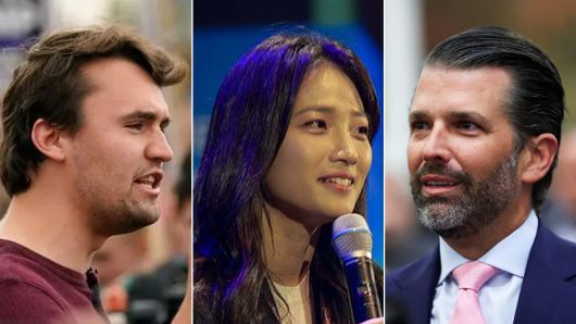 (왼쪽부터) 찰리 커크 '터닝 포인트 USA' 대표, 김민아 빌드업코리아 대표, 도널드 트럼프 주니어. /조선일보DB
