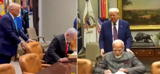 트럼프 대통령이 지난 4월 베냐민 네타냐후 이스라엘 총리와 지난 2월 나렌드라 모디 인도 총리의 의자를 밀어 넣어주는 모습./유튜브