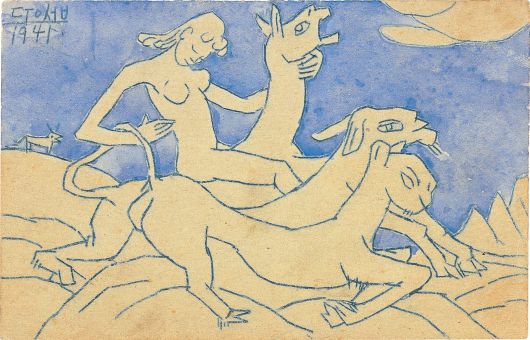 이중섭이 1941년 6월 2일 마사코에게 보낸 엽서화 '상상의 동물과 여인'. 엽서에 먹지, 수채. /신수경 교수 제공