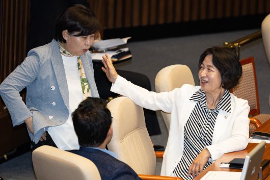 더불어민주당 소속 추미애 국회 법제사법위원장이 지난 11일 국회 본회의에서 같은 당 서영교 의원과 대화하고 있다. 2025.9.11/뉴스1 ⓒ News1 유승관 기자