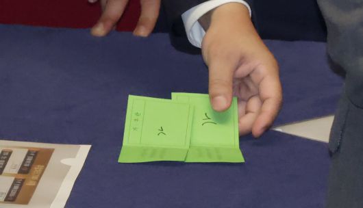 25일 서울 여의도 국회 본회의에서 공익신고자보호법 개정안 신속처리안건 지정 동의 투표용지 2장에 '가' 글자가 적혀있다. 송 원내대표는 이후 “검표 과정에서 가부(可不)를 해독하기 어려운 투표 용지가 2장 나왔지만 우 의장이 가(可)로 인정, 180표로 가결 처리했다”고 주장했다. /남강호 기자