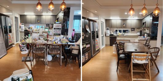 정희숙 대표가 정리한 주방의 전후 사진. 그는 "가족끼리 대화하며 즐겁게 지내는 집을 만들고 싶다면 가장 먼저 식탁을 정리하라"고 했다. /정희숙 대표 제공