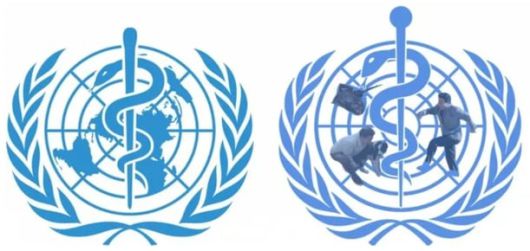 세계보건기구(WHO) 공식 로고(왼쪽)와 합성 이미지. /온라인 커뮤니티