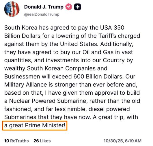 트럼프가 소셜미디어 글에서 이 대통령을 '총리'로 오기했다. 현재는 수정된 상태. /트루스소셜
