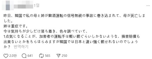 음주운전 사고 피해자 일본인 모녀 가족으로 추정되는 네티즌의 글./스레드