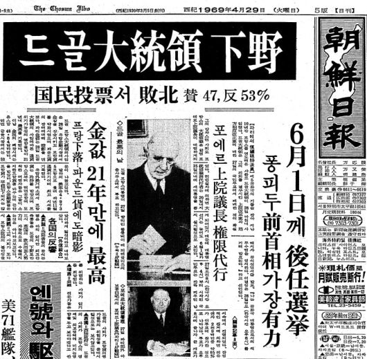 드골 대통령 하야. 1969년 4월 29일자.
