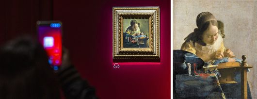 국립중앙박물관 전시장 초입에 걸린 살바도르 달리의 ‘레이스를 뜨는 여인’(왼쪽). 17세기 화가 요하네스 페르메이르가 그린 동명의 그림(오른쪽)을 재해석한 것이다. /이신영 영상미디어 기자·루브르박물관