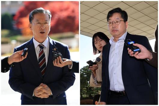 검찰이 대장동 개발비리 의혹 사건 1심 선고에 대한 항소를 포기한 것과 관련해  10일 오전 경기 정부과천청사 법무부 출입구에서 입장을 밝히는 정성호(왼쪽) 법무 장관과 같은 날 서울 서초동 대검청사로 출근하는 노만석 검찰총장 대행. / 고운호·박성원 기자