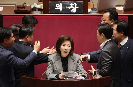 나경원 국민의힘 의원이 9일 서울 여의도 국회에서 열린 제429회국회(정기회) 제16차 본회의에서 가맹사업거래의 공정화에 관한 법률 일부개정법률안에 대한 무제한 토론(필리버스터)을 하는 가운데 여야 의원들이 충돌하고 있다. /뉴스1