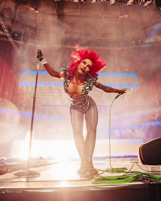 도자 캣의 투어 중 무대 모습. 그는 이번 투어 중 마돈나, 프린스, 신디 로퍼 등 1980년대 팝 아이콘을 오마주한 무대 의상들을 선보이고 있다. /도자캣 인스타그램