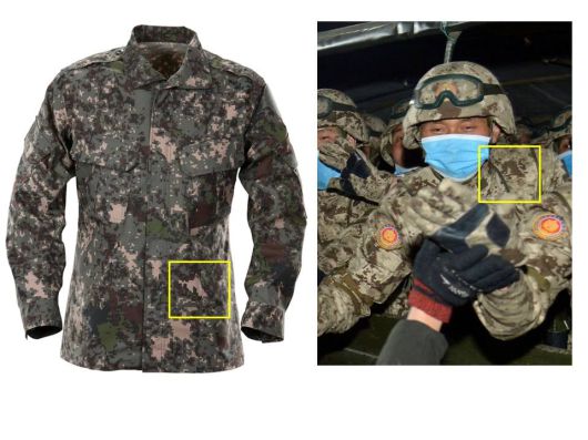 한국군이 사용 중인 디지털 픽셀 전투복(왼쪽)과 지난 2021년 1월 북한 열병식에 등장한 픽셀 전투복.  /국방부, 조선중앙통신 연합뉴스