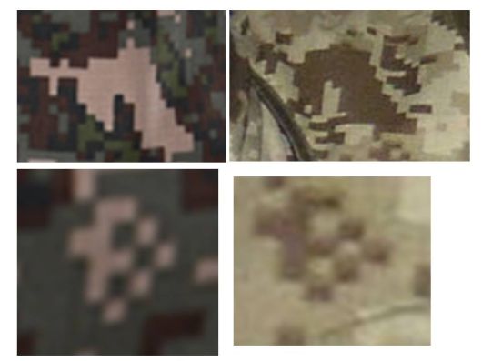 한국군이 착용하는 디지털 픽셀 전투복(왼쪽)과 2021년 북한 열병식에서 포착된 인민군 전투복의 디지털 픽셀 무늬. /국방부, 북한 조선중앙통신