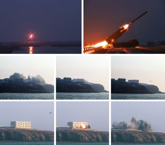 북한  노동신문은 29일 "28일 조선 서해 해상에서 장거리 전략 순항미사일발사 훈련이 진행됐다"면서 발사 사진과 표적을 명중시키는 여러장의 사진을 공개했다./노동신문 뉴스1