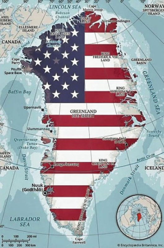 “곧”… 백악관 부비서실장 아내가 올린 ‘성조기 그린란드’ - 도널드 트럼프 미 대통령의 측근 스티븐 밀러 백악관 부비서실장의 아내 케이티 밀러가 “곧(SOON)”이라는 문구와 함께 게시한 그린란드 지도. 성조기가 그린란드를 덮고 있다. /케이티 밀러 X