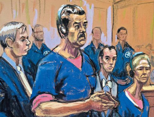 5일 미국 뉴욕 남부연방법원에서 열린 니콜라스 마두로 베네수엘라 대통령 부부의 법정 출석 스케치 모습. 사진 촬영이 허용되지 않아 법정 공식 화가 제인 로젠버그가 그림으로 담아냈다. /로이터 연합뉴스