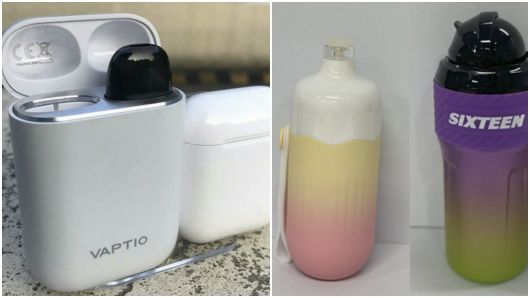 왼쪽은 무선 이어폰 케이스처럼 생긴 전자담배. 뚜껑을 올리면 흡입구가 나온다. 오른쪽은 미니 텀블러 모양의 액상형 전자담배. /네이버블로그·한국건강증진개발원