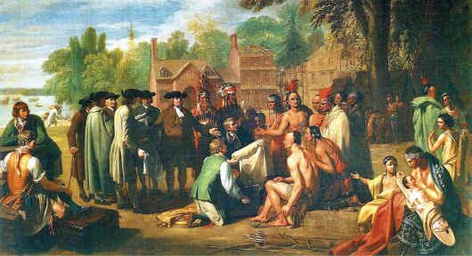 펜실베이니아 미술 아카데미윌리엄 펜이 1683년 인디언 부족과 평화 협정을 맺은 장면을 묘사한 18세기 화가 벤저민 웨스트의 그림.