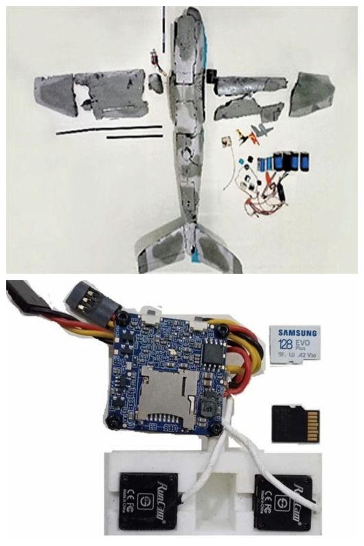 지난 4일 북한군이 개성시 개풍구역 묵산리에 추락시켰다는 무인기는 산산이 부서져 잔해만 남았다. (위 사진) 북한은 이 무인기 내부에 삼성 메모리카드 등의 부품이 들어 있었다고 공개했다. (아래 사진)./노동신문 뉴스1