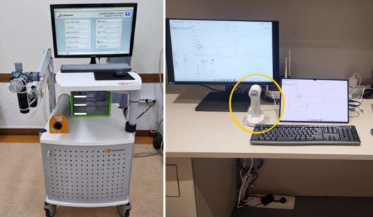 기존 폐 기능 검사 기기(왼쪽)와 병원에 더 스피로킷을 설치한 모습. 사용하지 않을 때는 수납장 안에 보관할 수 있을 정도로 작은 크기가 특징적이다. /김병수 대표 제공