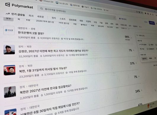 세계 최대 예측 시장 폴리마켓에서 진행 중인 한국 관련 베팅들. /정상혁 기자