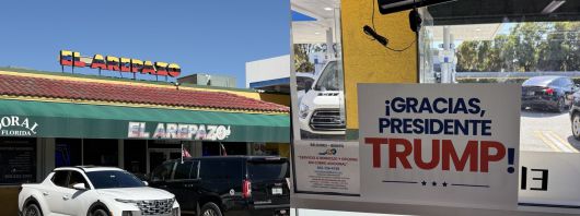 미국 플로리다 도럴에 있는 한 베네수엘라 식당(왼쪽). 한 쿠바계 주민은 성조기와 베네수엘라 국기를 차량 양쪽에 꽂은 채 "트럼프 대통령이 다음에는 쿠바를 해방시켜줬으면 좋겠다"고 말했다. 식당 내부에는 스페인어로 트럼프 대통령에게 감사하다는 팻말이 붙어 있었다(오른쪽). /박국희 특파원