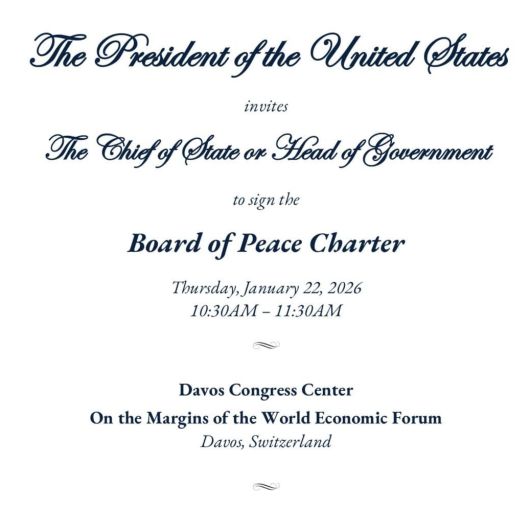 22일 스위스 다보스에서 있을 '평화위원회' 헌정 서명 행사 관련 도널드 트럼프 미국 대통령이 주요국에 보낸 초청장 일부. /X(옛 트위터)