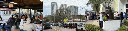 지난 16일 미국 쿠바계 이민자들의 최대 도시인 마이애미 '리틀 하바나' 도미노 파크에서 쿠바계 노인들이 도미노 게임을 하고 있다(왼쪽). 지난달 있었던 마이애미 시장 선거에서는 반공·보수 성향의 히스패닉 공화당 지지층이 대거 투표에 나서지 않으면서 28년 만에 처음으로 민주당 소속 시장이 탄생했다. 지난 17일 마이애미 해변을 따라 길게 늘어선 초고층 빌딩들을 배경으로 주민들이 무료 생필품과 음식을 받아가기 위해 길게 줄을 서고 있다(가운데·오른쪽). /박국희 특파원