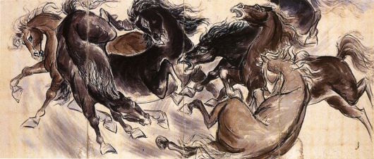 김기창, ‘군마도’, 1955, 국립현대미술관 이건희컬렉션. 김기창은 뛰어난 기량의 화가로, 특히 동물화의 일인자였다. 약 5미터에 달하는 거대한 화면에 서로 다른 방향으로 돌진하는 말들의 힘찬 운동감이 압권이다.