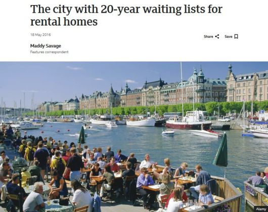 스웨덴에서 임대주택을 기다리려면 20년이 걸린다는 BBC의 기사.