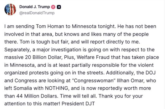 도널드 트럼프 대통령은 26일 국경 차르 톰 호먼을 미네소타에 보낸다고 했다./트루스소셜