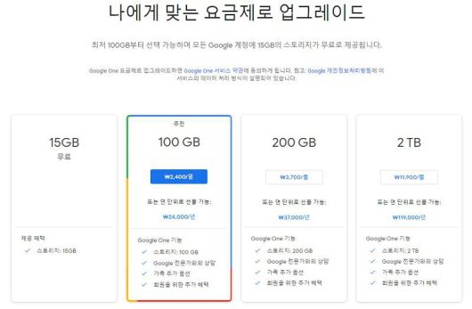 구글 one 요금제 정보, 출처=구글 홈페이지
