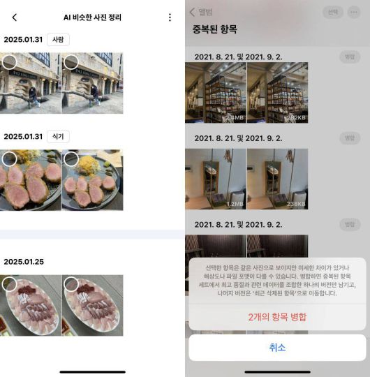 알약M에서 AI가 분류한 비슷한 사진(좌), 아이폰 기본 사진 앱의 중복된 항목 앨범(우) / IT동아