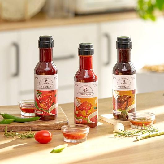 바비큐, 매운 양념, 매콤 양념 등으로 구성된 킬로리 저당 소스 제품들  / 출처=모흐
