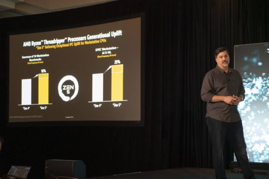 제프 버그만(Jeff Bergman) AMD SoC(시스템 온 칩) 아키텍트가 젠5 아키텍처를 소개 중이다. 젠5는 전 세대 대비 약 16%에서 최대 25%씩 성능이 향상됐다 / 출처=IT동아