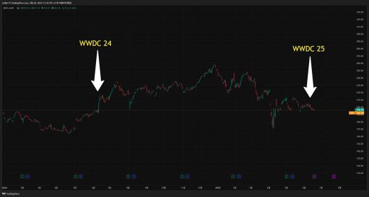 WWDC 24와 WWDC 25 기간에 따른 애플 주가 흐름 / 출처=트레이딩뷰