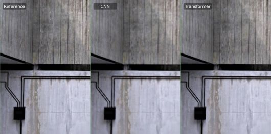 일반 화질(좌), 합성곱 신경망(중간), 트랜스포머 모델(우)을 적용한 예시. 트랜스포머 모델 방식이 더 선명한 화질을 제공한다 / 출처=엔비디아