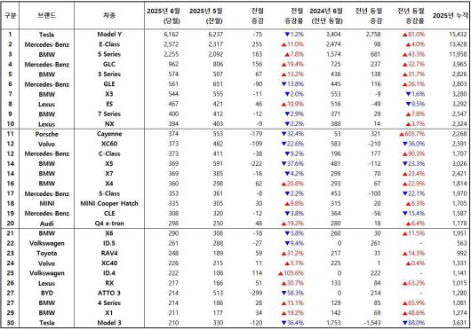 2025년 6월, 수입 차량 모델별 신차등록 대수 / 출처=한국수입자동차협회