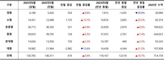 2025년 6월, 차급별 신차 등록 대수 / 출처=카이즈유데이터연구소