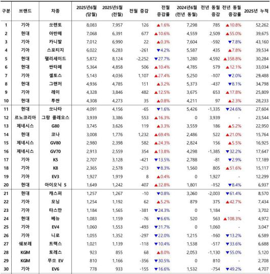 2025년 6월, 국산 차량 모델별 신차등록 대수 / 출처=카이즈유데이터연구소