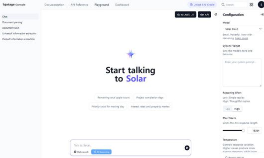 업스테이지 솔라 프로 2 LLM 실행 콘솔 화면, 측면 설정을 통해 모델과 리즈닝 효과, 토큰 수 등을 설정할 수 있다 / 출처=IT동아