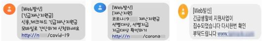 코로나-19 긴급재난지원금 신청을 사칭한 스미싱 사례. 민생회복 소비쿠폰 조회ㆍ신청 안내 문자에는 접속 링크가 포함되지 않는다 / 출처=금융위원회