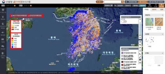 실시간 산사태 위험 지도는 위험도에 따라 등급이 나뉜다  / 출처=산사태 정보 시스템 공식 홈페이지